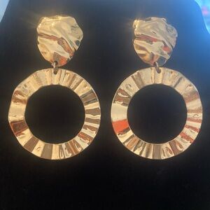 Textured Oversized Dangling Gold-Tone Maximalist Statement Pierced Earrings